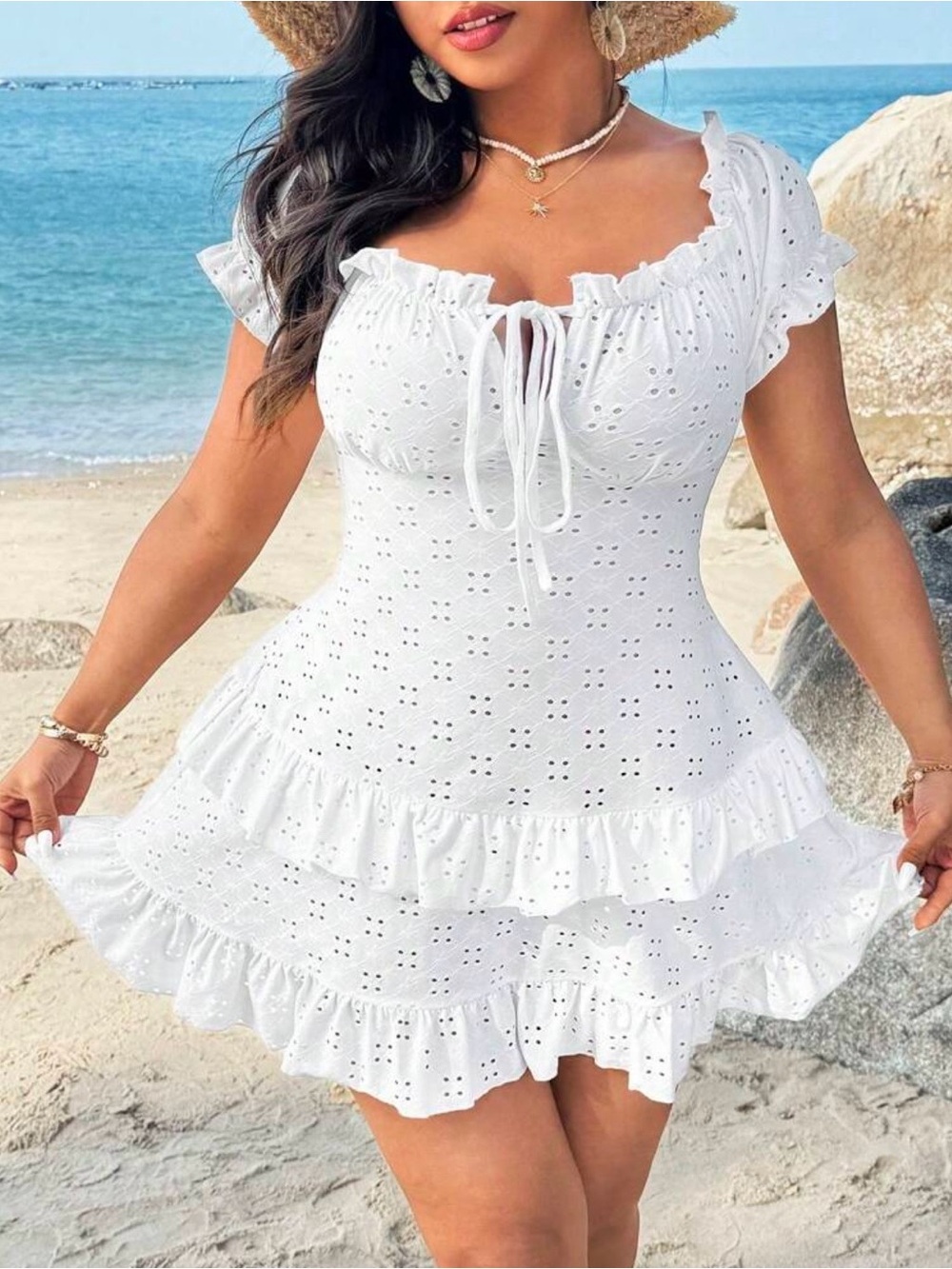 SHEIN Curve White Eyelet Off Shoulder Ruffle Mini Dress 4XL US 20 Boho - Picture 5 of 16